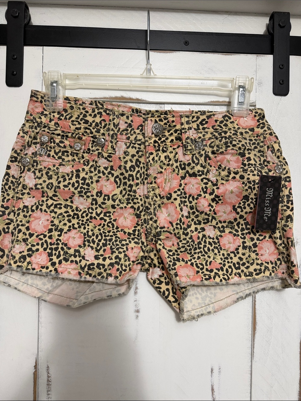 Miss Me Cream Leopard Print Denim Shorts with Pink Floral Accents
